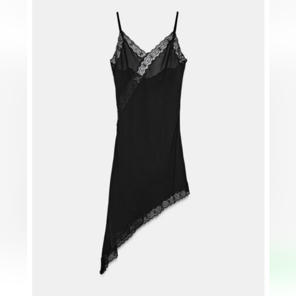 Zara Zw Collection Black Slip Lace Trim Sheer Dress Sz-L - Picture 3 of 11